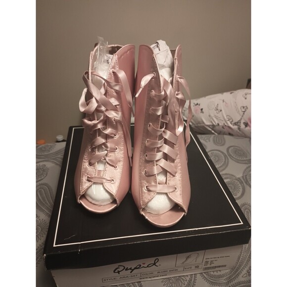 Qupid Satin pink Lace up heels size 10 - Picture 1 of 6